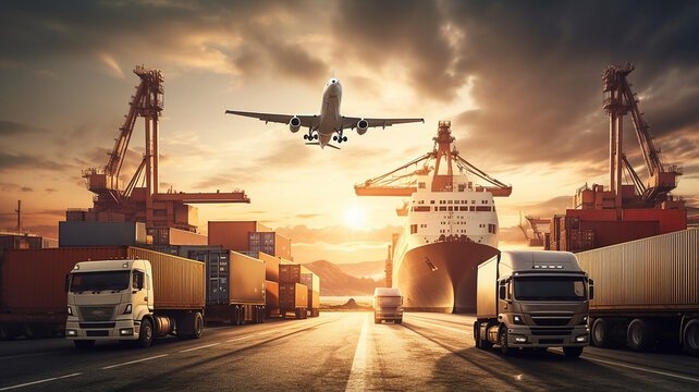 Container trucks are traveling in a harbor with cargo ships, aircraft flying in sky. Generative AI