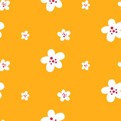 Seamless pattern cute simple white flowers with crimson dots on a bright yellow background