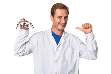 A middle-aged optometrist man feels proud and self confident, example to follow.