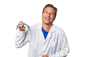 A middle-aged optometrist man laughing and having fun.