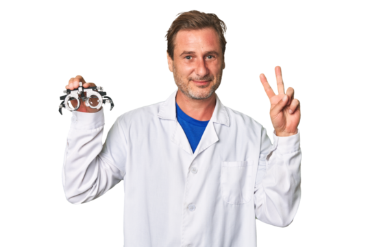 A middle-aged optometrist man showing number two with fingers.