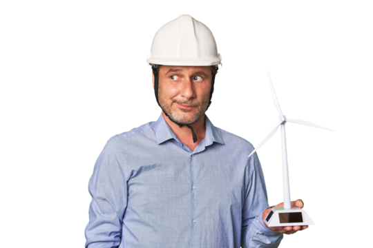 A middle-aged architect man holding a windmill model confused, feels doubtful and unsure.
