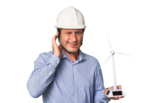A middle-aged architect man holding a windmill model covering ears with hands.