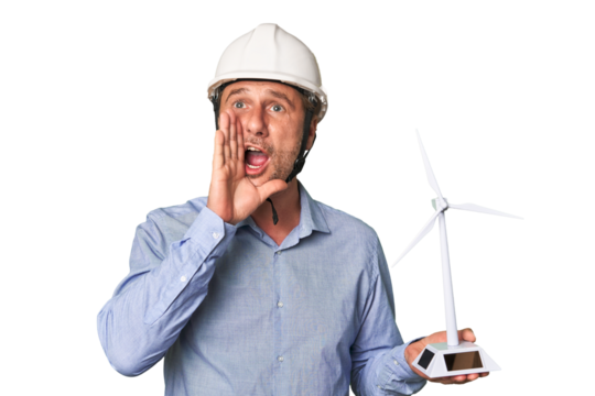 A middle-aged architect man holding a windmill model shouting and holding palm near opened mouth.