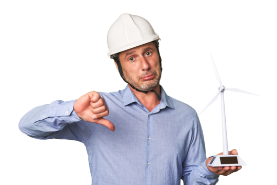 A middle-aged architect man holding a windmill model showing a dislike gesture, thumbs down. Disagreement concept.