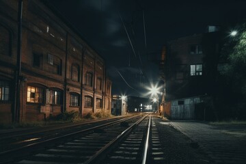 Naklejka na ściany i meble Nighttime urban street with old factory buildings and railroad tracks. Generative AI