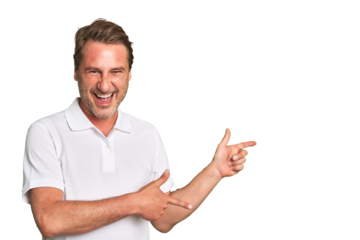 A middle-aged man isolated pointing with forefingers to a copy space, expressing excitement and desire.