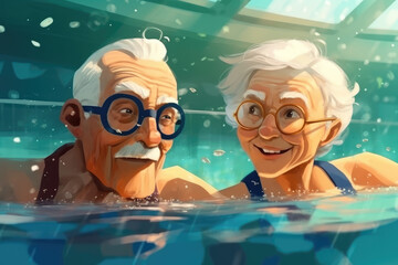Naklejka premium An old couple is swimming in the pool, a gray-haired grandfather and grandmother in glasses are engaged in water sports. cartoon style, generative ai