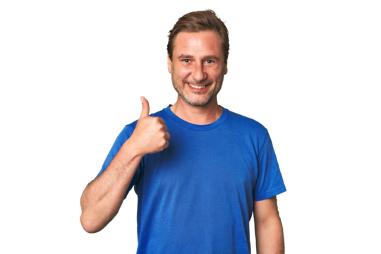 A middle-aged man isolated smiling and raising thumb up