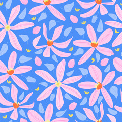 Pink clematis flowers seamless pattern. Floral blue background in rustic style for wedding invite, fabric, wallpaper, wrapping paper, poster