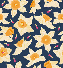 Daffodil narcissus flowers seamless pattern vector. Spring season blue background for for greeting card, fabric, wallpaper or wrapping paper