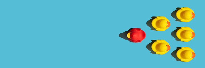 One out unique rubber duck concept on a blue background