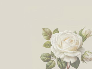 Beautiful white roses and leaves on gray background, in the style of editorial illustrations,  soft tonal colors, minimalist background with copy space.