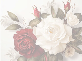 Beautiful flowers bouquet, white and red roses on a smooth background, in the style of ethereal charming illustrations, use for background.