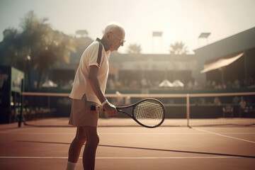 An old man against the background of the sunset plays a large tennis racket with a racket in his hands, sports after retirement. generative ai.