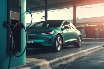 Fototapeta na wymiar Charging electric vehicle at station powered by green energy. Generative AI