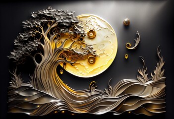 Fototapeta Décoration murale en métal, arbre abstrait avec lune - Generative AI obraz