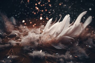 Fluffy feathers falling like snow in an illustration. Generative AI