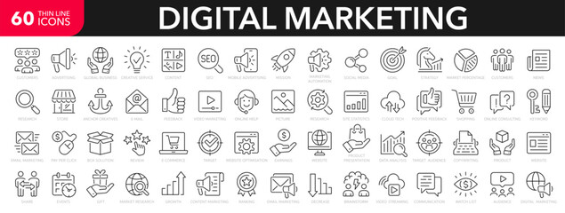 Fototapeta na wymiar Digital marketing line icons set. Marketing outline icons collection. Website, seo, social media, online advertising, mail, content, strategy, target, feedback, store - stock vector.