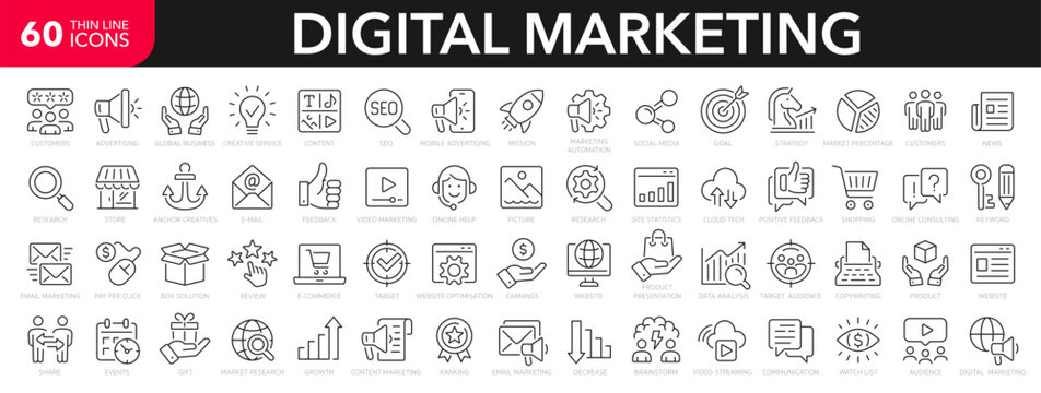 Digital marketing line icons set. Marketing outline icons collection. Website, seo, social media, online advertising, mail, content, strategy, target, feedback, store - stock vector.