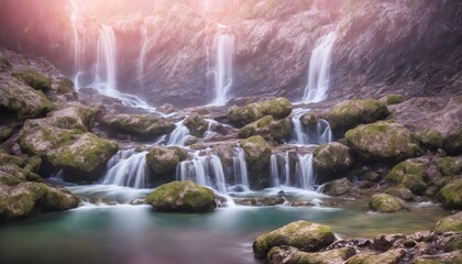 Wonderful waterfall in the mountains. Landscape Photography. Mountain waterfalls with a picturesque landscape. Generative AI