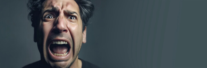 The man screams in horror. Banner of severe psychological condition. Banner with black background. The man is going through a difficult emotional state. copy space. Generative AI.