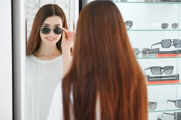 She made her choice. Beautiful young woman adjusting her new sunglasses and smiling while standing in optic store.