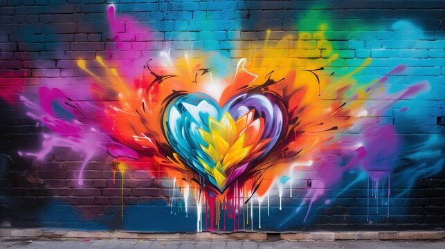 Generative AI, Colorful heart as graffiti love symbol on the wall, street art. Melted paint. © DELstudio