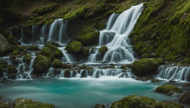Wonderful waterfall in the mountains. Landscape Photography. Mountain waterfalls with a picturesque landscape. Generative AI