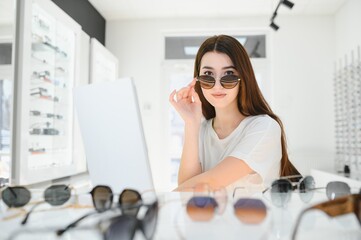 A young woman chooses on sunglasses in an optics store