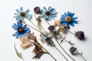 Obraz na płótnie Canvas Dried wild flowers on white surface with blue petals in flat view. Generative AI