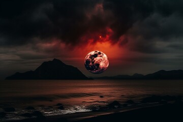 Dramatic apocalyptic image. Dark sky with red moon and nibiru above black mountains and sea. Generative AI