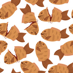 Japanese dessert fish-shaped Taiyaki seamless pattern. Concept of traditional street food in Japan, delicious food.