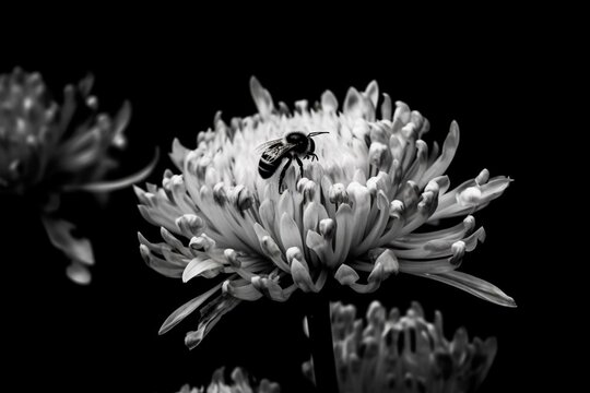 Monochrome flowery wallpaper with black background, purple and white florals and a buzzing bee. Generative AI
