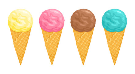Ice cream in waffle cone. Balls of chocolate, vanilla, strawberry and blueberry ice cream. Set of vector cartoon flat illustrations.