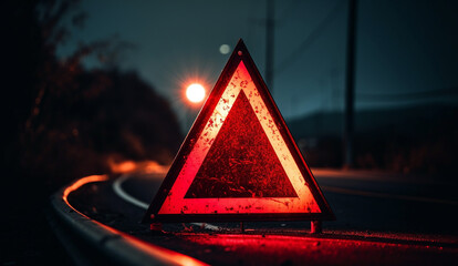 Red emergency stop sign,red triangle warning sign next to highway road, close-up, broken car, breakdown, safe traffic concept - obrazy, fototapety, plakaty