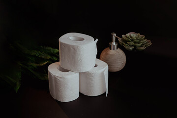 Stack of toilet paper rolls on black background