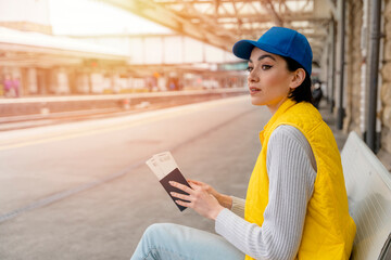young  woman holding passport and tickets, and  waiting for train at railway station Enjoying...