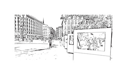 Building view with landmark of Riga is the capital of Latvia. Hand drawn sketch illustration in vector.