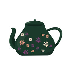 Vector illustration. Green teapot in floral design. Teapot, vector, flowers