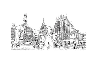 Building view with landmark of Riga is the capital of Latvia. Hand drawn sketch illustration in vector.