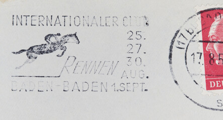 briefmarke stamp vintage retro alt old slogan werbung internationaler club renne baden-baden 1957...