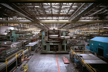 Fototapeta premium Business operations, manufacturing plant with heavy machinery, automation in the production process to reduce costs while maintaining quality in the supply chain, 