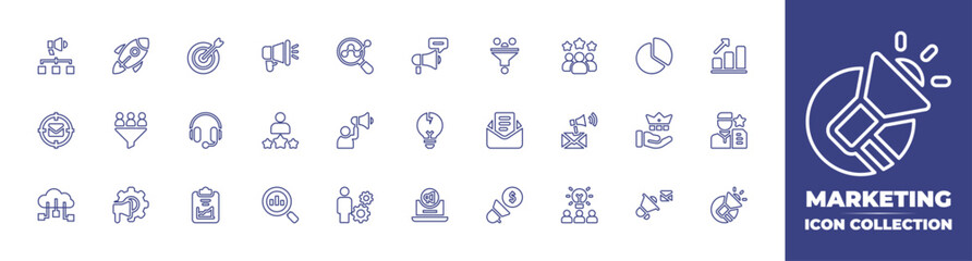 Marketing line icon collection. Editable stroke. Vector illustration. Containing marketing, start up, target, megaphone, analytics, funnel, customer review, chart, business and finance, and more.