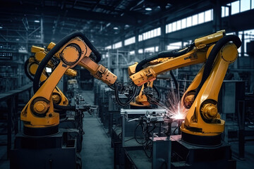Automated robotic arms in manufacturing plant with heavy machinery, and production process to reduce costs while maintaining quality in the supply chain