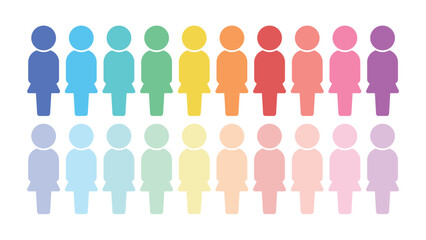 明るい20色の立っている女性の人型アイコン･ピクトグラムのセット - カラフル