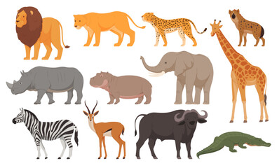 Animals from the African continent in cartoon style. Carnivores and herbivores from the hot area. Vector illustration