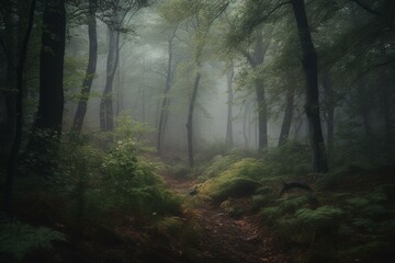 A misty woodland containing dense foliage and countless trees. Generative AI
