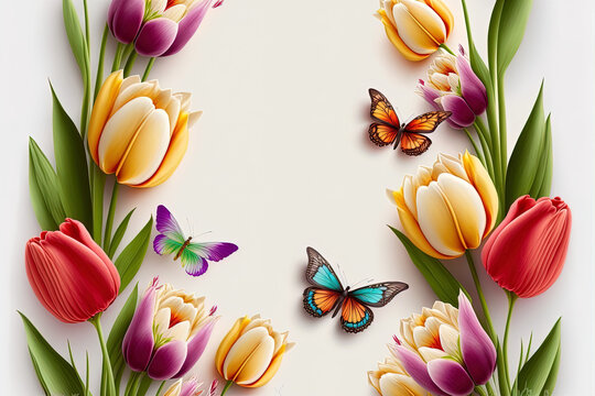 Blumen Hintergrund mit Tulpen und Schmetterlinge (Generative AI) 
