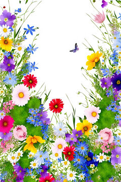 Frühlings Blumenwiese Hintergrund Illustration mit Schmetterlinge (Generative AI)